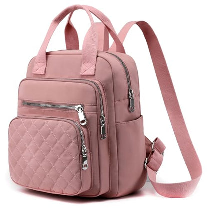 Small Backpack for Women Casual Quilted Square Bag Waterproof Multi Pockets Daypack Lightweight Top Handle Satchel - color: Pink