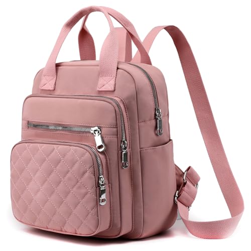 Small Backpack for Women Casual Quilted Square Bag Waterproof Multi Pockets Daypack Lightweight Top Handle Satchel - color: Pink