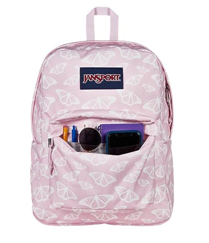 JanSport SuperBreak One Backpack - Durable, Lightweight Bag with 1 Main Compartment, Front Utility Pocket with Built-in Organizer, Premium Backpack, Flutter By - color: Flutter By Pink Ice/White/Pink Ice