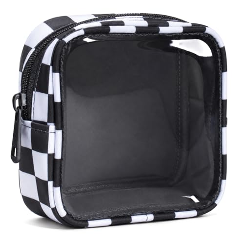 Clear Checkered Makeup Bag, Small Cosmetic Pouch with Zipper Mini Waterproof Makeup Purse Organizer Cute Cosmetic Bag Travel TSA Approved Toiletry Bag Car Organizer for Women Girls (Black) - color: Black