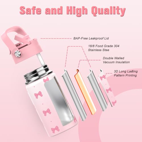 Bevalsa Backpack for Girls, Bow Bookpack with 14oz Insulated Water Bottle, Lunch Bag & Pen Case, Schoolbag for Kids & BPA-FREE Stainless Steel Metal Cup for Elementary Middle Student (Pink) - color: Pink