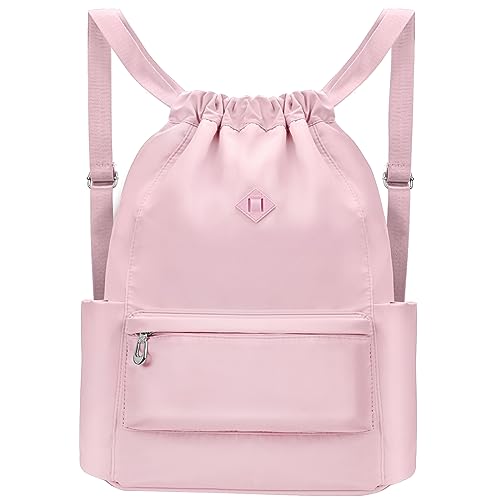 BAVELOE Drawstring Backpack with Wet Pocket Gym Backpack Water-Resistant Cinch String Bag Beach Swim for Women Men - color: Pink