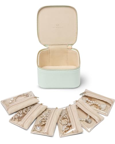 VLANDO Jewelry Box with 6 Velvet Jewelry Bags Travel Jewelry Case for Women Girl Premium Petal Hardware Jewelry Organizer Necklace Rings Earrings Bags Bride Teacher Mom Gifts-Mint Green - color: 6PCS-Mint Green