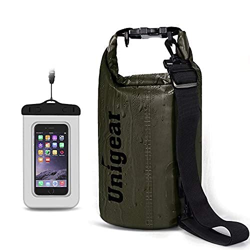 Unigear Dry Bag Waterproof, 2L/5L/10L/20L/30L/40L Floating and Lightweight Bags for Kayaking, Boating, Fishing, Swimming and Camping with Waterproof Phone Case - color: Army Green, size: 5L