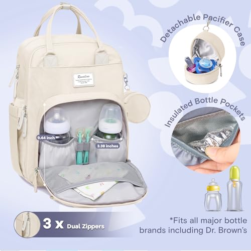 RUVALINO Diaper Bag Backpack-Multifunction Baby Travel Bag with Changing pad, Insulated Bottle Holders & Pacifier Case, Large Capacity, Waterproof, Beige - color: Beige