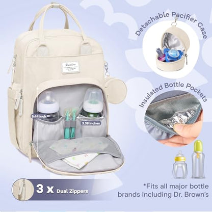 RUVALINO Diaper Bag Backpack-Multifunction Baby Travel Bag with Changing pad, Insulated Bottle Holders & Pacifier Case, Large Capacity, Waterproof, Beige - color: Beige