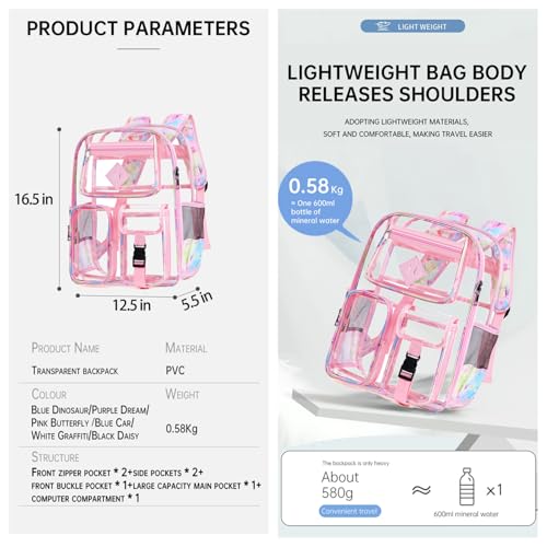 Clear Backpack-Heavy Duty PVC clear backpack for Stadium/Travel/Work,Dual Zippered Compartments&Mesh Side Pockets (pink) - color: Pink