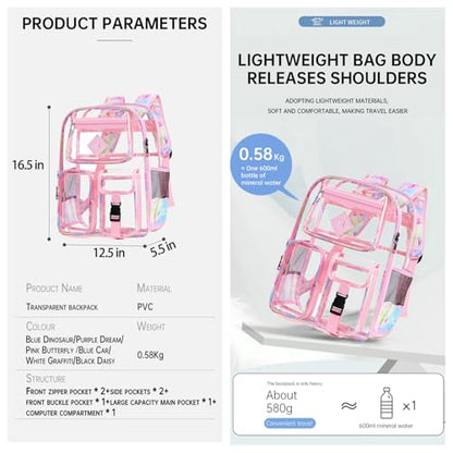 Clear Backpack-Heavy Duty PVC clear backpack for Stadium/Travel/Work,Dual Zippered Compartments&Mesh Side Pockets (pink) - color: Pink