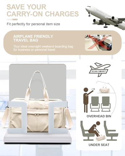 Gym Bag for Women Men with Shoe Compartment, Sport Duffel Bag, Waterproof Travel Weekender Overnight Carry on Bag for Yoga with Trolley Sleeve, Beige - color: A6-Beige