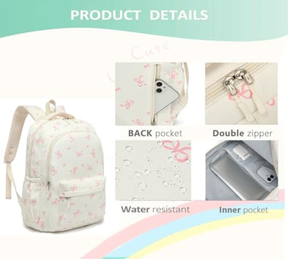 School Backpack for Teen Girls Cute Bookbag for High Middle School College Aesthetic Laptop Back Pack,Beige Bow - color: Bowknot