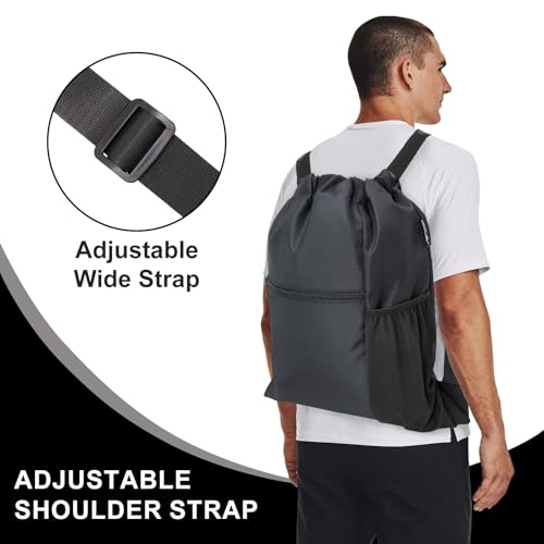 HOLYLUCK Men & Women Outdoor Sport Gym Sack Waterproof Drawstring Backpack Bag (Standard with width webbing, Black-1) - color: Black-1, style: Standard With Width Webbing