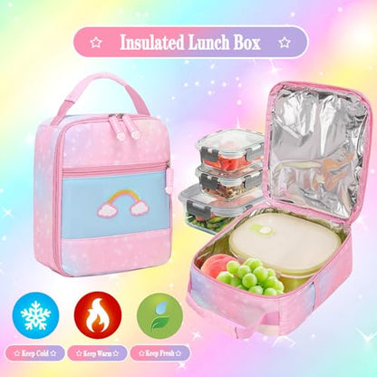 Jcobvig 3Pcs Kids Backpack For Girls,Cute Rainbow Student School Backpack With Lunch Bag Pen Bag Set (Pink Large 17.5in - color: Pink, size: Large