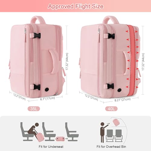 Sinaliy Large Travel Backpack for Women, 40L Carry On Backpack, 17 Inch Laptop Waterproof Backpack, College Bookbag, Backpack for Women, as Person Item Flight Approved - color: Pink