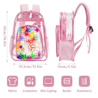 Volleyball Clear Backpack Heavy Duty for Girls Kids Boys Women | Large Cool PVC Volleyball Theme Printing Transparent Backpacks for Schools Stadium Concerts Work - Clear/Pink - color: Volleyball Clear Backpack 1 Pink With Front Pocket