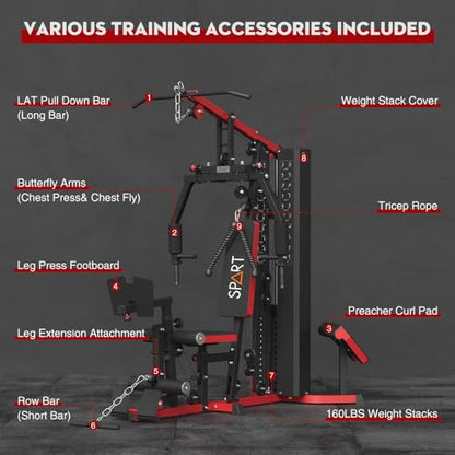 SPART Home Gym Station,Multifunctional Home Gym Workout Equipment,with 160LBS Weight Stack for Leg Press & Chest Fly, All in One Exercise Equipment Full Body Strength Training with Pulley System - color: Red, style: Steel Cover