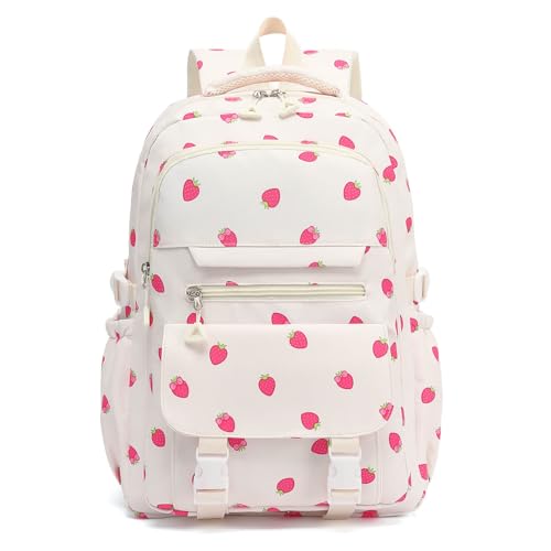 High Middle School Backpack for Girls Travel Kawaii Laptop Kids Bookbag, Strawberry Beige - color: Beige Strawberry