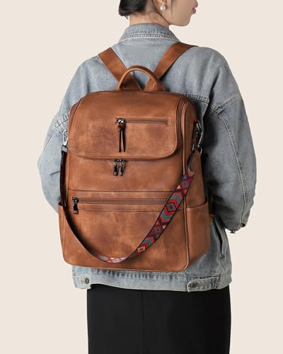 FADEON Laptop Backpack for Women Leather Travel Backpack with Laptop Compartment, Designer Ladies Computer Backpacks Brown - color: 1 Brown Retro Style