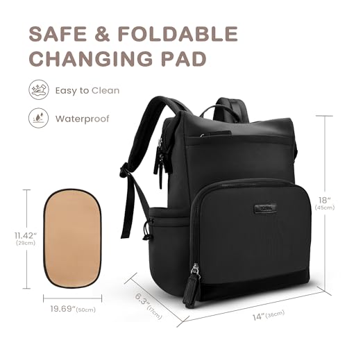 VONAL Neoprene Diaper Bag Backpack with Changing Pad, 33L Large Capacity Neoprene Backpack Baby Diaper Bag with Insulated Pockets, Travel Diaper Backpack Baby with 12 Pockets for Mom & Dad, Black - color: Dark Black