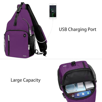 MOSISO Sling Backpack Bag, Crossbody Shoulder Bag Travel Hiking Daypack Chest Bag with Front Square Pocket&USB Charging Port - color: Plum