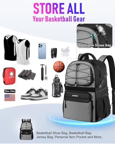 LOINTET Basketball Bag Backpack with Ball Holder Shoes Compartment, Large Basketball Accessories Sports Bag - color: Grey