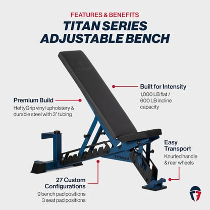 Titan Fitness TITAN Series Adjustable Bench, Supports 600 LB Incline, 1,000 LB Flat, Versatile Single Post Utility Workout Bench for Home Gym, Weightlifting, Strength Training - color: Navy