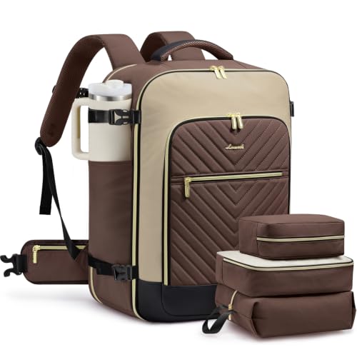 LOVEVOOK Large Travel Backpack for Women, TSA Carry on Backpack for Airplanes, 40L Personal Item Travel Bag for Women fits 17" Laptop,Waterproof Carry on Bag Airplane Approved with 3 Packing Cubes - color: Dark Coffee - Abricot - Black, size: 56L-4Pcs