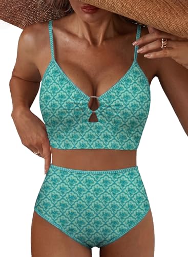 Herseas Women's O Ring Bikini Sets 2 Pieces Floral Print Swimsuits High Waisted Bathing Suits - color: Geo Green, size: X-Small