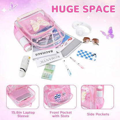 MUSEVOS Clear Backpack for School, Clear Bookbag for Girls PVC Heavy Duty Transparent Backpack,Pink Butterfly - color: Pink