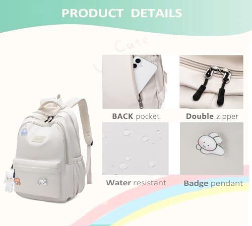 School Backpack for Teen Girls Cute Bookbag for High Middle School College Aesthetic Laptop Back Pack,Beige - color: Beige
