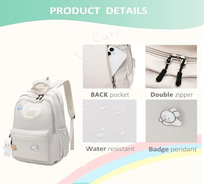 School Backpack for Teen Girls Cute Bookbag for High Middle School College Aesthetic Laptop Back Pack,Beige - color: Beige