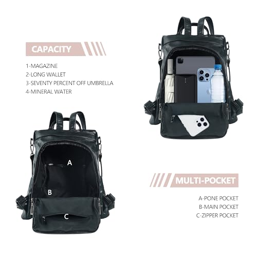 Women Backpack Purse PU Leather Anti-theft Casual Shoulder Bag Fashion Ladies Satchel Bags - color: Black, size: Medium