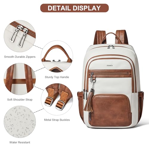 Shrrie 17 Inch Faux Leather Laptop Backpack for Women with Large Cup Holder - color: Beige With Brown