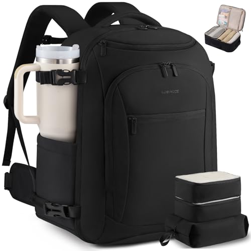 LOVEVOOK 50L Travel Backpack for Women & Men,Airline Approved Carry On Backpack with 3 Packing Cubes,TSA Waterproof Personal Item Bag,Weekender Overnight Essentials Backpacks fits 20" Laptop - color: Black, size: 50L-4PCS