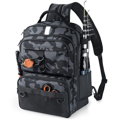 Fishing Backpack with Tackle Boxes and Rod Holder, 24L Fishing Sling Bag with Fishing Lures Kit, Fishing Gear Bag Gifts for Men Women - Camo Backpack - color: Camo Backpack