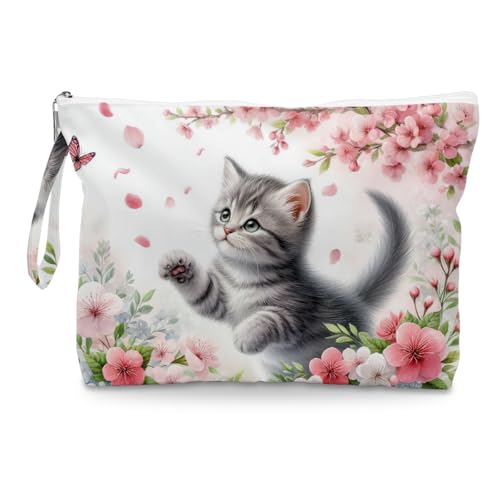 Fokongna Cute Print Wet Bag, Small Portable Waterproof Multi-Functional Organizer for Women, Pink Cherry Blossom Cat, Ideal for Daily, Beach & Travel - color: Pink Cherry Blossom Cat