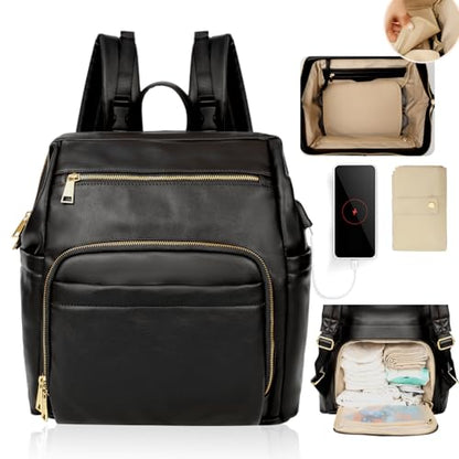 Omanmoli Diaper Bag Backpack Leather Large Baby Diaper Bag Essentials With 18 Organizing Pockets,6 Insulated Pockets,USB Charging Port,Stroller Straps,Changing Pad (Black) - color: Black