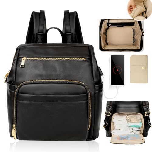 Omanmoli Diaper Bag Backpack Leather Large Baby Diaper Bag Essentials With 18 Organizing Pockets,6 Insulated Pockets,USB Charging Port,Stroller Straps,Changing Pad (Black) - color: Black