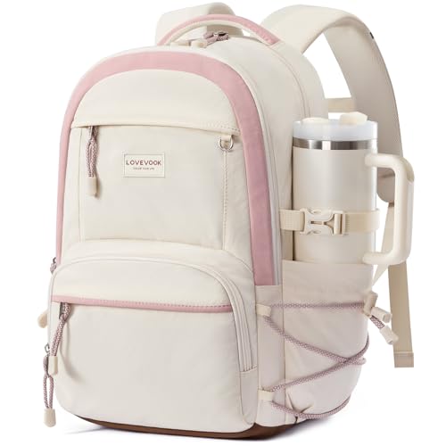 LOVEVOOK School Backpack for Girls, 15.6 Inch laptop Backpacks with Large Capacity Tumbler Holder, Lightweight College bag for women, Cute Travel Teen Bookbag Purse for Students,Off white-Pink - color: Off White-pink, size: 15.6 Inch