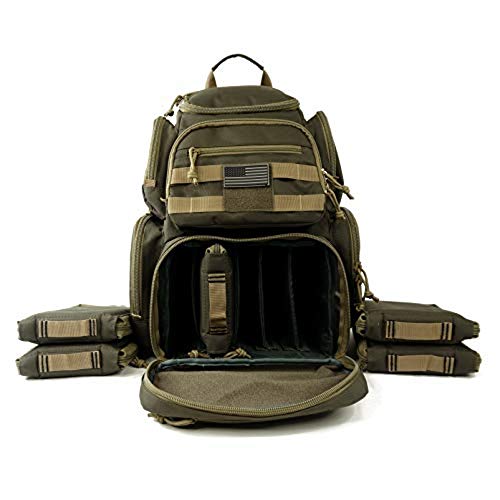 K-Cliffs Tactical Range Backpack – Lockable Bag for 5 Handguns Pouches – 900D Water‑Resistant with Rain Cover & USA Patch - color: Khaki With 5 Pouches