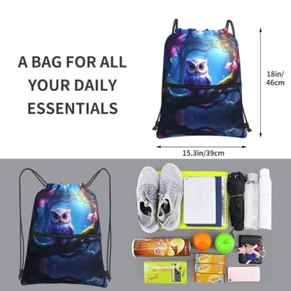 Cartoon Cute Owl Prints Drawstring Zipper Backpack Lightweight Sport Gym Bag Water-Resistant Travel Throw Cover for Men Women Teens