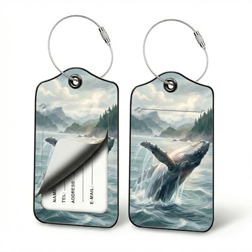 Ocean Whale Luggage Tags for Suitcases, 2 Pack PU Leather Marine Bag Tags | Privacy flap hides address card, steel wire loop fits cruise totes, ferry bags, beach pouches, boat trips and sea-life fans - color: Whale Design