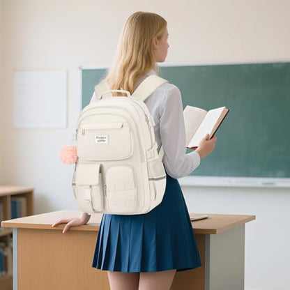 WINDARS School Backpack for Teen Girls, Cute Laptop Backpack for Women Students, Middle High School Bags Aesthetic Bookbag for College Travel Fit 15.6 Inch Laptop (Beige)