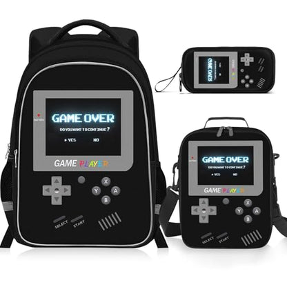 Backpack for School Boys,3pcs Boys Backpack and Lunch Box Set for Elementary Middle School, 17″ Video Game Bookbag for Ages 6-18 Kids Children Teens - color: Game Backpack Set-black