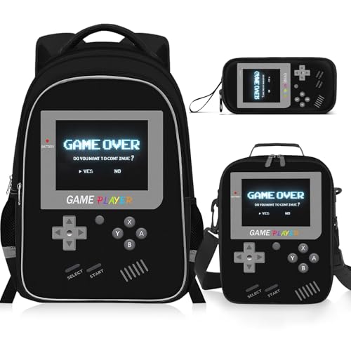 Backpack for School Boys,3pcs Boys Backpack and Lunch Box Set for Elementary Middle School, 17″ Video Game Bookbag for Ages 6-18 Kids Children Teens - color: Game Backpack Set-black