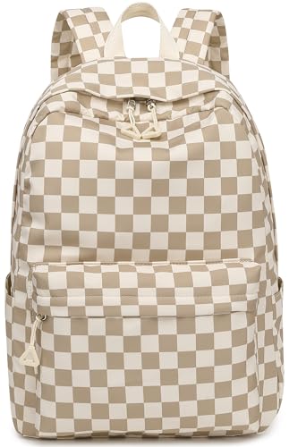 Bluboon School Backpack for Teen Girls Women Laptop Backpack College Bookbags Middle School Travel Work Commuter Back Pack - color: Brown White Grid