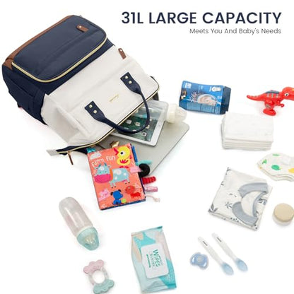 LOVEVOOK Diaper Bag Backpack, Baby Bag with Changing Station, Large Diaper Backpack for Mom Dads, Waterproof Leather Mommy Bag for Boy and Girl, Travel Essential Baby Shower, Navy Blue-Beige - color: Navy Blue-beige