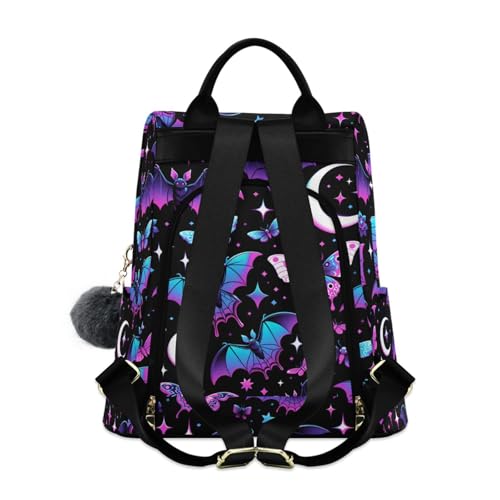 MNSRUU Women Backpack Purse Neon Purple and Bats Stars and Moons Backpack for Women Anti-theft Shoulder Bag Carry On Backpack Lightweight Rucksack Fashion Travel Ladies Bags - color: Bats A8889