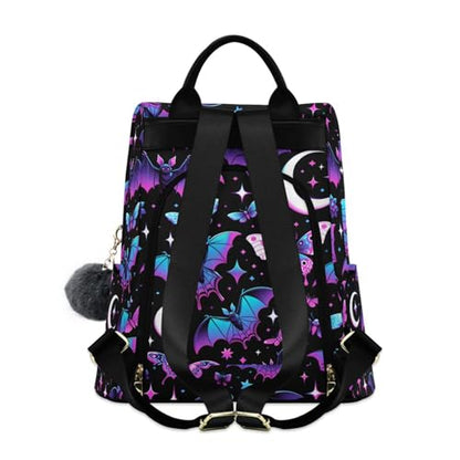 MNSRUU Women Backpack Purse Neon Purple and Bats Stars and Moons Backpack for Women Anti-theft Shoulder Bag Carry On Backpack Lightweight Rucksack Fashion Travel Ladies Bags - color: Bats A8889