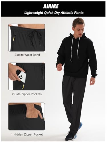 Men's Elastic Waist Hiking Pants Water Resistant Quick-Dry Lightweight Outdoor Sweatpants with Zipper Pockets - color: Black, size: X-Large