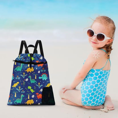 Blue Dinosaur Drawstring Backpack, 15” x 17” Waterproof Swim Bag for Beach Swimming Pool, Lightweight Foldable Gym Bag with Water Bottle Holder for Sports Travel - color: Blue Dinosaur